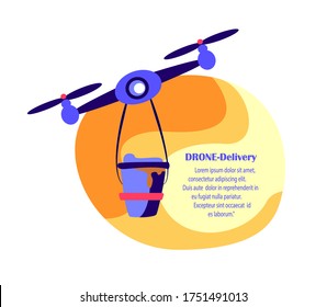 Drone Delivery.Flying Robot.Ordering Coffee Online.Receive Contactless Delivery Parcel,Remotely Piloted Flying Aircraft. Consumption Online.Catering Service.Buy,Receive Parcel.Flat Vector Illustration
