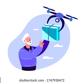 Drone Delivery.Retired Smiling Old Man Receive Contactless Delivery Parcel with Remotely Piloted Flying Aircraft.Box Sending.Aged Pensioner.Home Shopping Location,Buy,Receive. Flat Vector Illustration