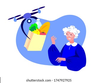 Drone Delivery.Retired Smiling Old Woman Receive Contactless Delivery Food with Remotely Piloted Flying Aircraft.Meal Products, Aged Pensioner.Home Shopping.Buy,Receive Parcel.Flat Vector Illustration