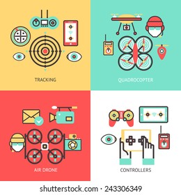 Drone design concept set isolated with tracking quadrocopter air controllers flat icons isolated vector illustration