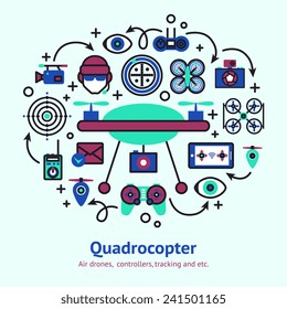 Drone design concept with unmanned spy camera quadrocopter decorative icons vector illustration