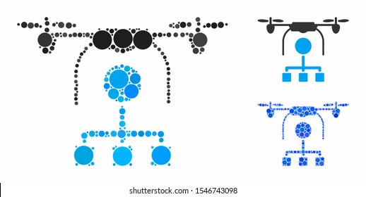 Drone distribution composition of small circles in variable sizes and color tinges, based on drone distribution icon. Vector small circles are composed into blue composition.