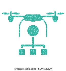 Drone Distribution grainy textured icon for overlay watermark stamps. Flat symbol with dust texture. Dotted vector cyan ink rubber seal stamp with grunge design on a white background.