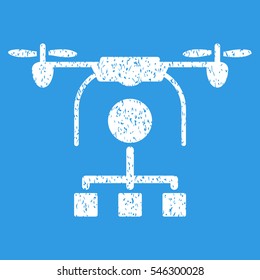 Drone Distribution grainy textured icon for overlay watermark stamps. Flat symbol with scratched texture. Dotted vector white ink rubber seal stamp with grunge design on a blue background.