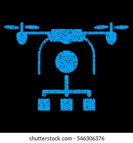 Drone Distribution grainy textured icon for overlay watermark stamps. Flat symbol with unclean texture. Dotted vector blue ink rubber seal stamp with grunge design on a black background.
