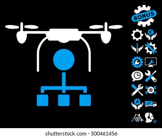 Drone Distribution icon with bonus configuration pictograph collection. Vector illustration style is flat iconic symbols, blue and white colors, black background.