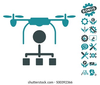 Drone Distribution icon with bonus setup tools pictograms. Vector illustration style is flat iconic symbols, soft blue colors, white background.