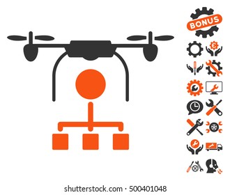 Drone Distribution icon with bonus tools images. Vector illustration style is flat iconic symbols, orange and gray colors, white background.