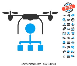 Drone Distribution icon with free bonus clip art. Vector illustration style is flat iconic symbols, blue and gray colors, white background.
