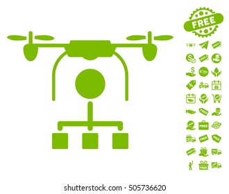 Drone Distribution icon with free bonus icon set. Vector illustration style is flat iconic symbols, eco green color, white background.
