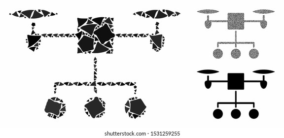 Drone distribution mosaic of tremulant items in various sizes and color tints, based on drone distribution icon. Vector abrupt items are grouped into composition.