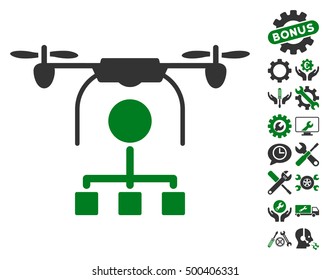 Drone Distribution pictograph with bonus setup tools pictograms. Vector illustration style is flat iconic symbols, green and gray colors, white background.