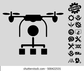 Drone Distribution pictograph with bonus setup tools symbols. Vector illustration style is flat iconic symbols, black color, light gray background.