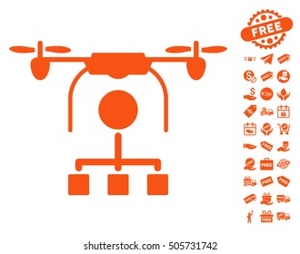 Drone Distribution pictograph with free bonus design elements. Vector illustration style is flat iconic symbols, orange color, white background.