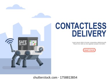 Drone Dog Robot Delivery parcel with a Security box has a navigation screen. Contactless concept with copy space. Vector illustration cartoon flat design for banner, poster, background, and wallpaper.