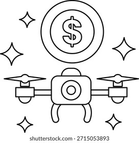 Eine Drohne mit einem Dollarzeichen darauf. Die Drohne fliegt in der Luft und das Dollarzeichen ist am Boden