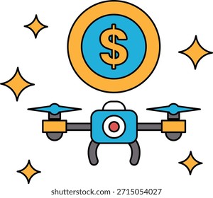 Eine Drohne mit einem Dollarzeichen darauf. Die Drohne fliegt in der Luft