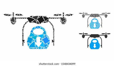 Drone drop cargo composition of raggy parts in different sizes and color tinges, based on drone drop cargo icon. Vector rough parts are composed into collage.