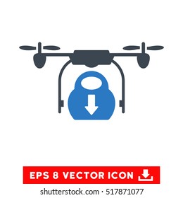 Drone Drop Cargo EPS vector pictogram. Illustration style is flat iconic bicolor smooth blue symbol on white background.