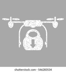 Drone Drop Cargo grainy textured icon for overlay watermark stamps. Flat symbol with dirty texture. Dotted vector white ink rubber seal stamp with grunge design on a silver background.