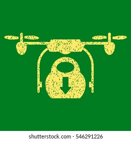 Drone Drop Cargo grainy textured icon for overlay watermark stamps. Flat symbol with scratched texture. Dotted vector yellow ink rubber seal stamp with grunge design on a green background.