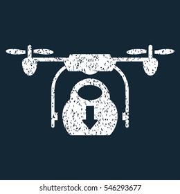 Drone Drop Cargo grainy textured icon for overlay watermark stamps. Flat symbol with unclean texture. Dotted vector white ink rubber seal stamp with grunge design on a dark blue background.
