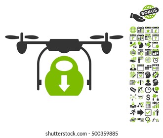 Drone Drop Cargo icon with bonus calendar and time service pictures. Vector illustration style is flat iconic symbols, eco green and gray colors, white background.
