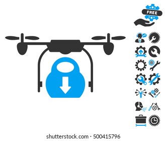 Drone Drop Cargo icon with bonus service pictograph collection. Vector illustration style is flat iconic symbols, blue and gray colors, white background.