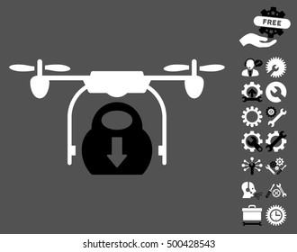Drone Drop Cargo icon with bonus tools pictograms. Vector illustration style is flat iconic symbols, black and white colors, gray background.
