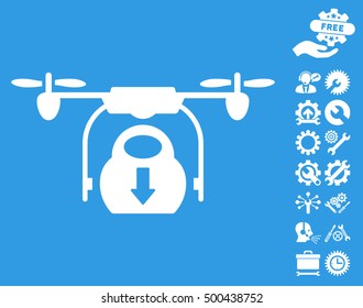 Drone Drop Cargo icon with bonus tools pictures. Vector illustration style is flat iconic symbols, white color, blue background.