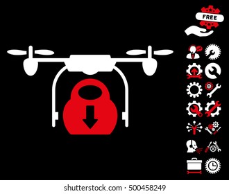 Drone Drop Cargo icon with bonus service images. Vector illustration style is flat iconic symbols, red and white colors, black background.