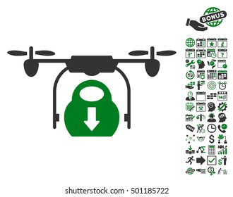 Drone Drop Cargo icon with bonus calendar and time management pictures. Vector illustration style is flat iconic symbols, green and gray colors, white background.