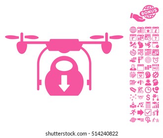 Drone Drop Cargo icon with bonus calendar and time service images. Vector illustration style is flat iconic symbols, pink color, white background.