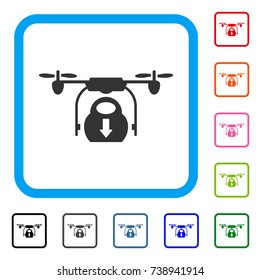 Drone Drop Cargo icon. Flat gray iconic symbol inside a light blue rounded rectangle. Black, gray, green, blue, red, orange color additional versions of Drone Drop Cargo vector.