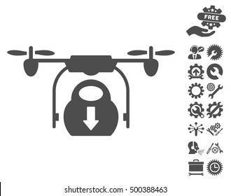 Drone Drop Cargo pictograph with bonus service icon set. Vector illustration style is flat iconic symbols, gray color, white background.