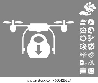 Drone Drop Cargo pictograph with bonus options pictograph collection. Vector illustration style is flat iconic symbols, white color, gray background.