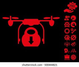 Drone Drop Cargo pictograph with bonus tools design elements. Vector illustration style is flat iconic symbols, red color, black background.