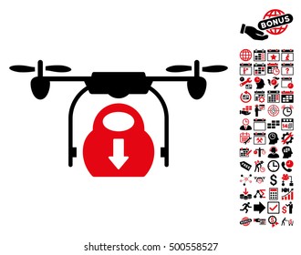 Drone Drop Cargo pictograph with bonus calendar and time management design elements. Vector illustration style is flat iconic symbols, intensive red and black colors, white background.