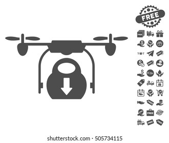 Drone Drop Cargo pictograph with free bonus pictures. Vector illustration style is flat iconic symbols, gray color, white background.