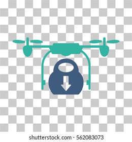 Drone Drop Cargo vector pictogram. Illustration style is flat iconic bicolor cobalt and cyan symbol on a transparent background.