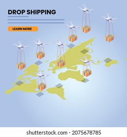 Drone drop shipping around the world isometric 3d vector concept for banner, website, illustration, landing page, flyer, etc.