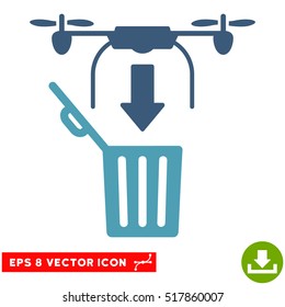 Drone Drop Trash EPS vector pictograph. Illustration style is flat iconic bicolor cyan and blue symbol on white background.