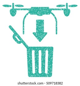 Drone Drop Trash grainy textured icon for overlay watermark stamps. Flat symbol with dust texture. Dotted vector cyan ink rubber seal stamp with grunge design on a white background.