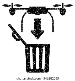Drone Drop Trash grainy textured icon for overlay watermark stamps. Flat symbol with dirty texture. Dotted vector black ink rubber seal stamp with grunge design on a white background.