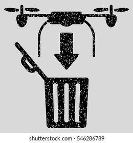 Drone Drop Trash grainy textured icon for overlay watermark stamps. Flat symbol with dust texture. Dotted vector black ink rubber seal stamp with grunge design on a light gray background.