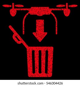 Drone Drop Trash grainy textured icon for overlay watermark stamps. Flat symbol with dust texture. Dotted vector red ink rubber seal stamp with grunge design on a black background.