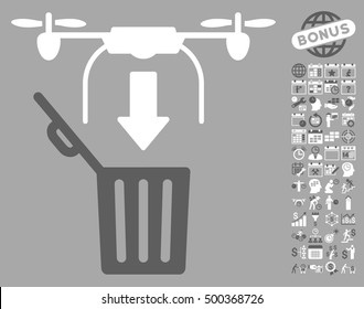 Drone Drop Trash icon with bonus calendar and time service images. Vector illustration style is flat iconic symbols, dark gray and white colors, silver background.