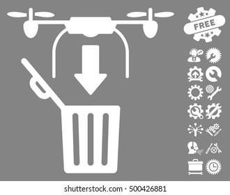 Drone Drop Trash icon with bonus configuration design elements. Vector illustration style is flat iconic symbols, white color, gray background.