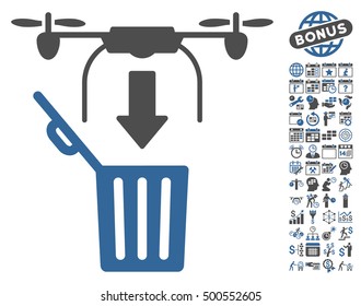 Drone Drop Trash icon with bonus calendar and time service graphic icons. Vector illustration style is flat iconic symbols, cobalt and gray colors, white background.