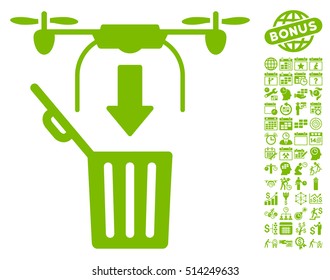 Drone Drop Trash icon with bonus calendar and time management graphic icons. Vector illustration style is flat iconic symbols, eco green color, white background.